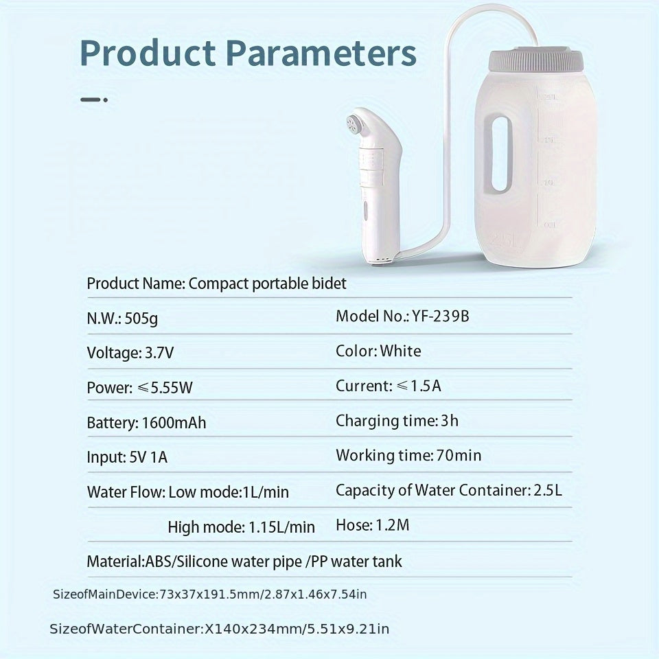 Bidet Portable Électrique – Rechargeable & Étanche IPX6 (2,5L)