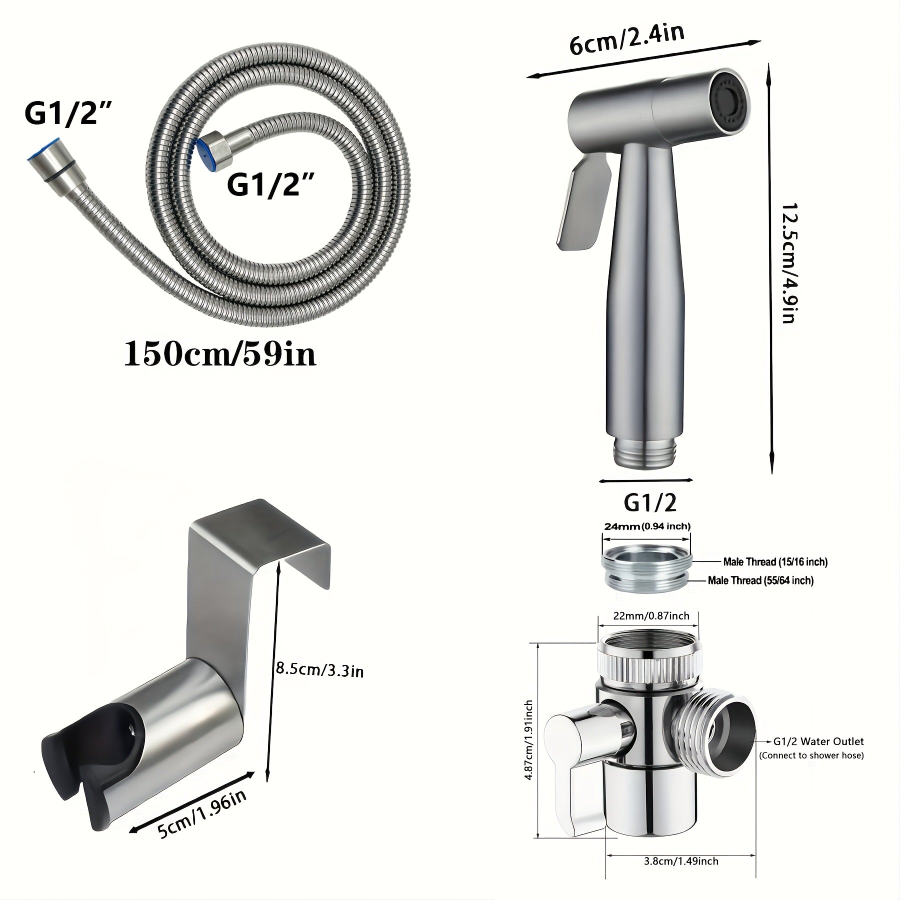 Pulvérisateur de Bidet en Acier Inoxydable – Kit Complet avec Robinet & Tuyau 1,5 m